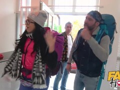Fake Hostel Spanish couple cuckold girlfriend has squirt orgasm Thumb