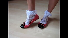 white frilly socks and red leather ballet flats - shoeplay and dangling by Isabelle-Sandrine Thumb