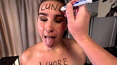 Whore loves humiliation while sucking, jerking off cock, face spitting, cum facial. Thumb