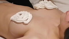 Home made amateur video: I made a cream decorated bra for my busty girlfriend&#039_s breasts. Thumb