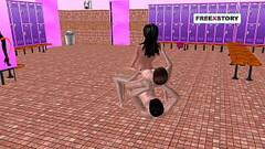 An animated 3D cartoon porn video of a cute girl doing threesome sex with two men in two different p Thumb