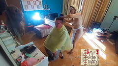 Compilation. Nudist barbershop. Nude lady hairdresser in an apron makes client to strip. Naked barbe Thumb