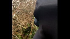 French chubby gay faggot. See my pantie under leggings during walking in wood Thumb