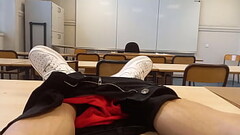 Horny at school during course revision, this French-Asian student takes out his cock in public, jerk Thumb